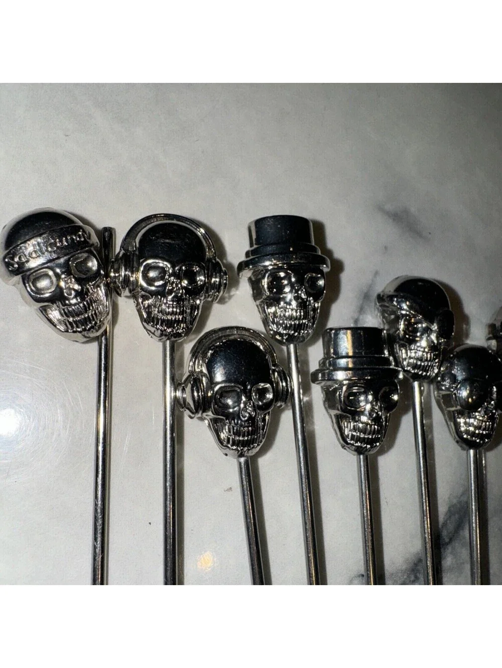 8 Silver Metal Halloween Skull Cocktail Appetizer Food Sticks Toothpicks Party